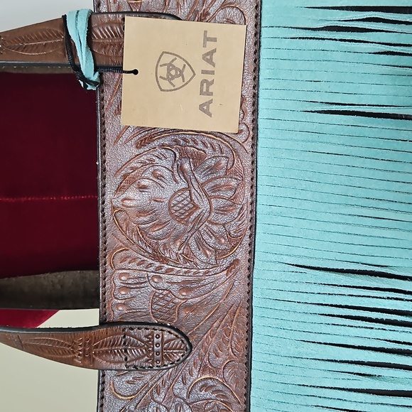 Ariat Brown Tooled Leather Tote with Light Blue Fringe - Picture 3 of 14